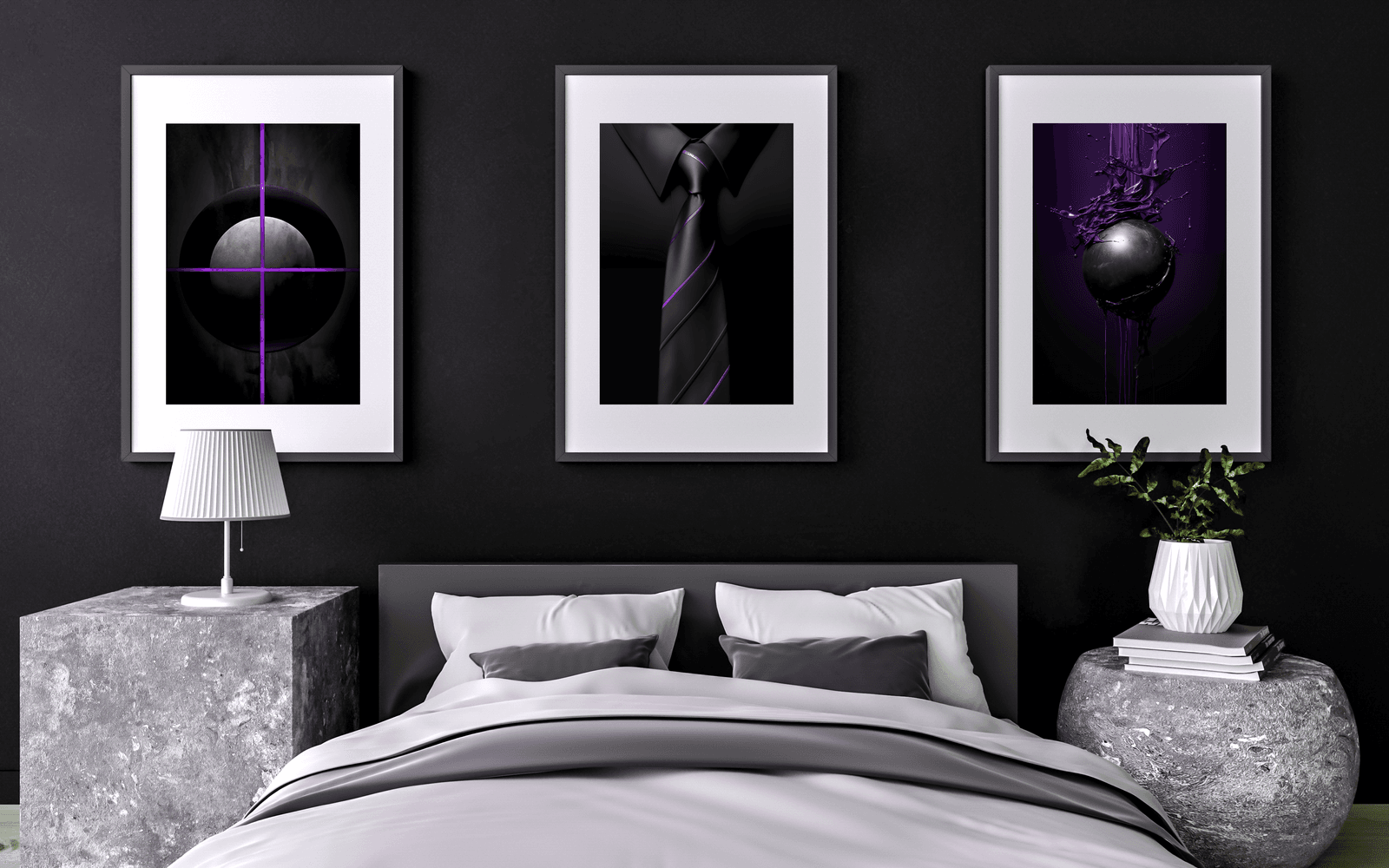 Business Class Purple And Black Modern Art Tryptic Above A Bed Intention By Design.png