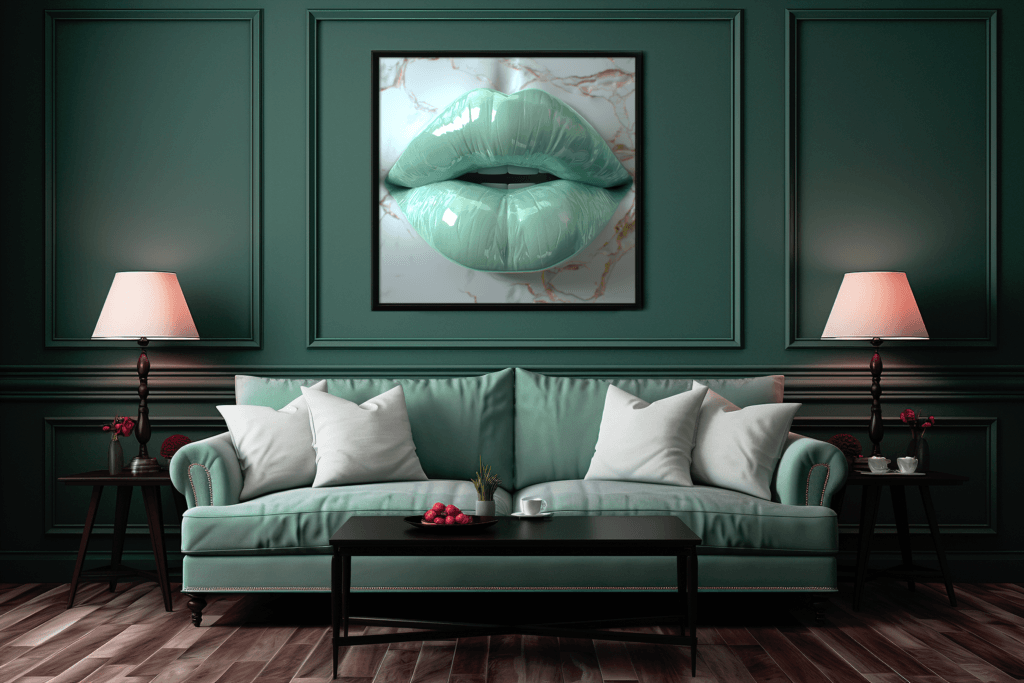 Mint colored lips in a seductive pose on a dark teal background in an upscale living room. Intention By Design